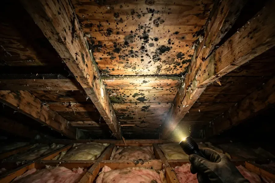 Mold on attic roof rafters found during a Perris, CA home inspection