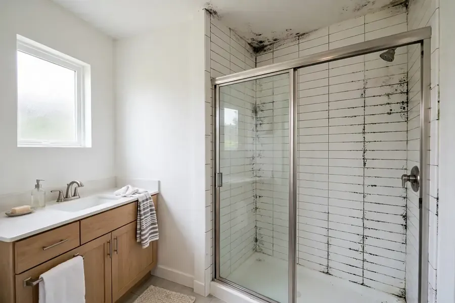 Mold on bathroom tile grout and ceiling in a Perris, CA home