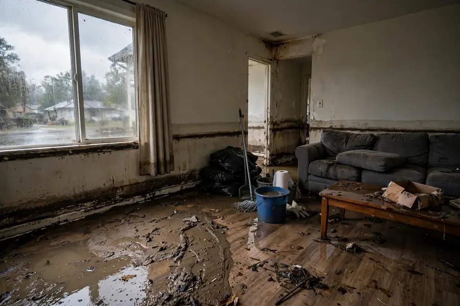 Flood-damaged room needing emergency mold response