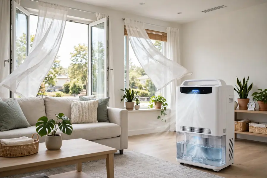Dehumidifier running in a bright living room to prevent mold
