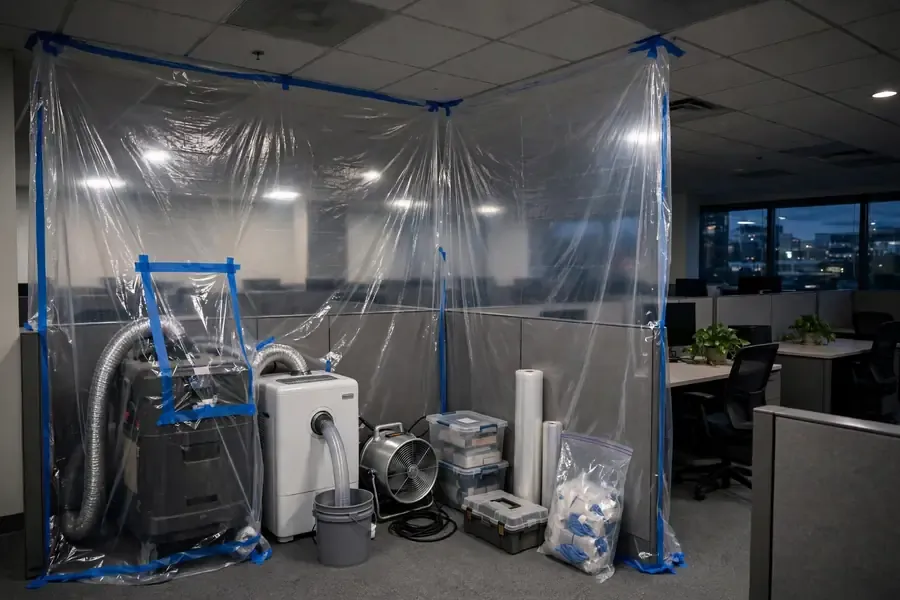 Commercial office space prepared for mold remediation with containment barriers