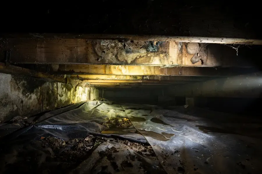 Mold on wooden joists in a residential crawl space in Perris, CA