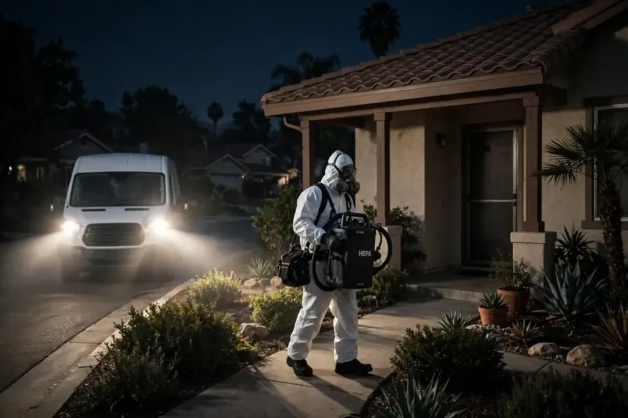 Emergency mold response at a Perris, CA home at night