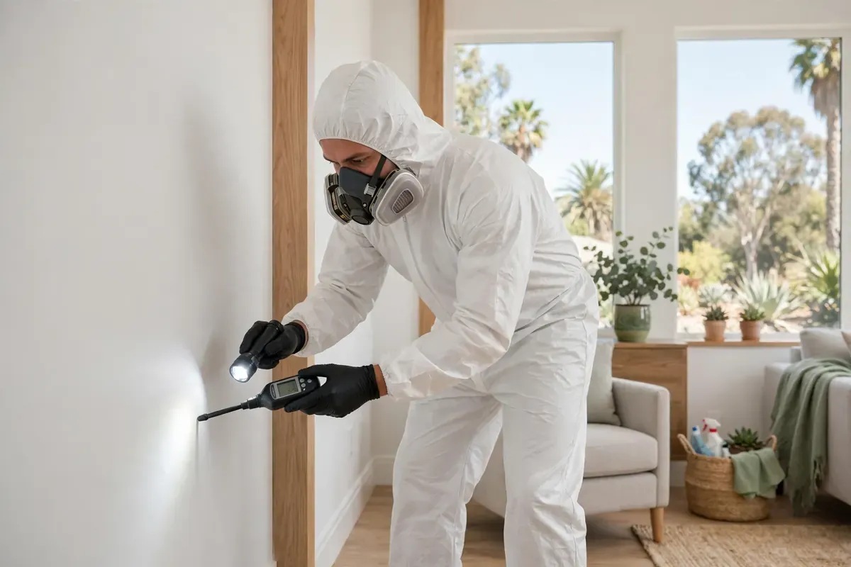 Mold remediation technician inspecting a Perris, CA home