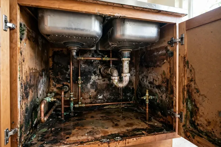 Mold and water damage inside an under-sink kitchen cabinet in Perris, CA
